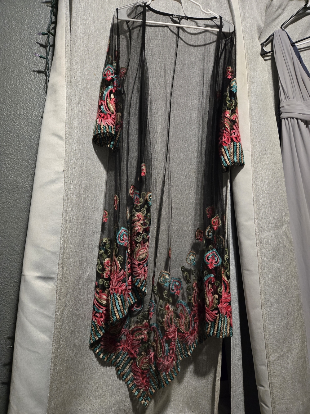 Mechant Black Sheer Embroidered Duster with Pink and Teal Accents